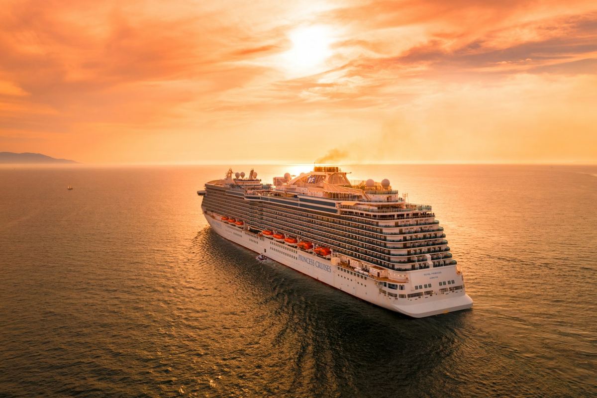 Cruise ship sailing at sunset on calm water